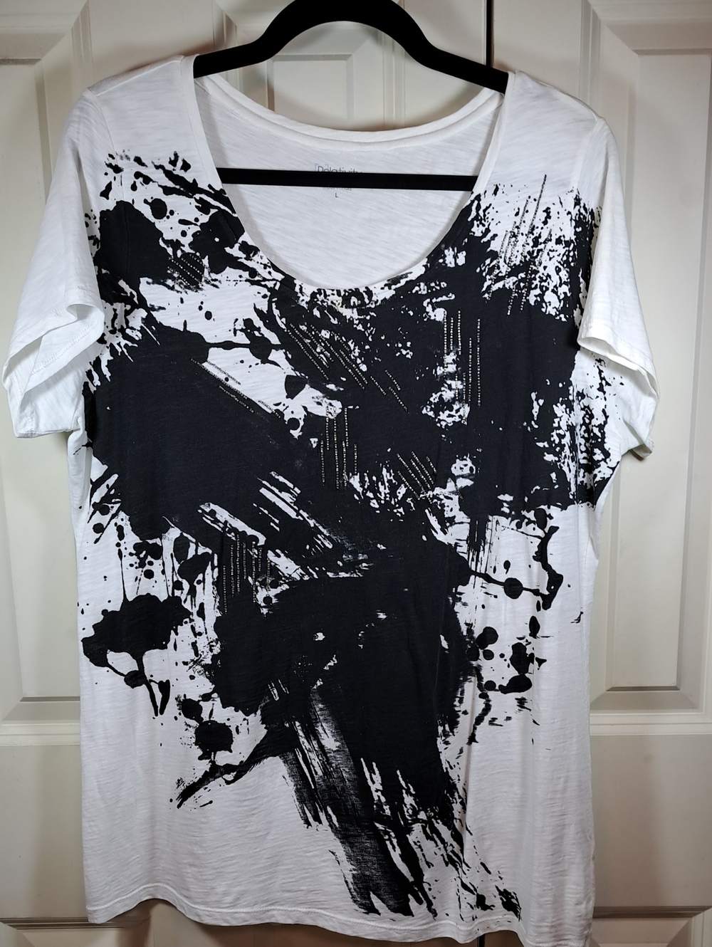 Relativity White Tee with Black Abstract Splash Print